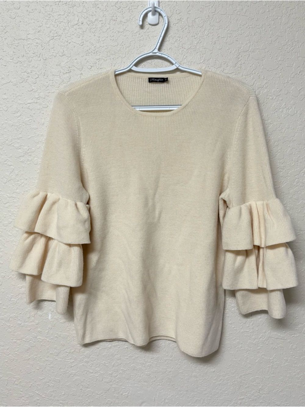J. McLaughlin Ruffle Sleeve Italian Merino Wool Cream Sweater Size M